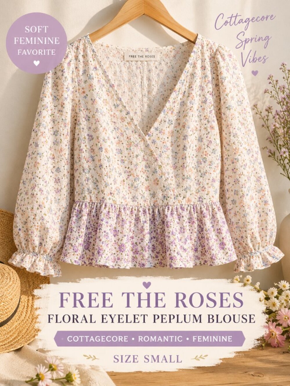 Free the Roses Floral Eyelet Peplum Blouse Cottagecore Boho Top S